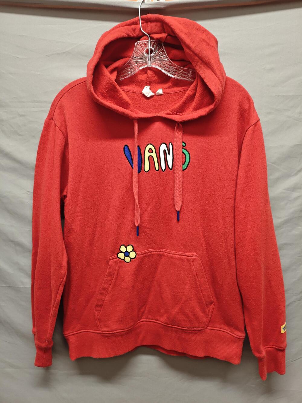 Vans Hoodie Sweatshirt Mens XS Red Embroidered Logo Flower Pullover Kangaroo